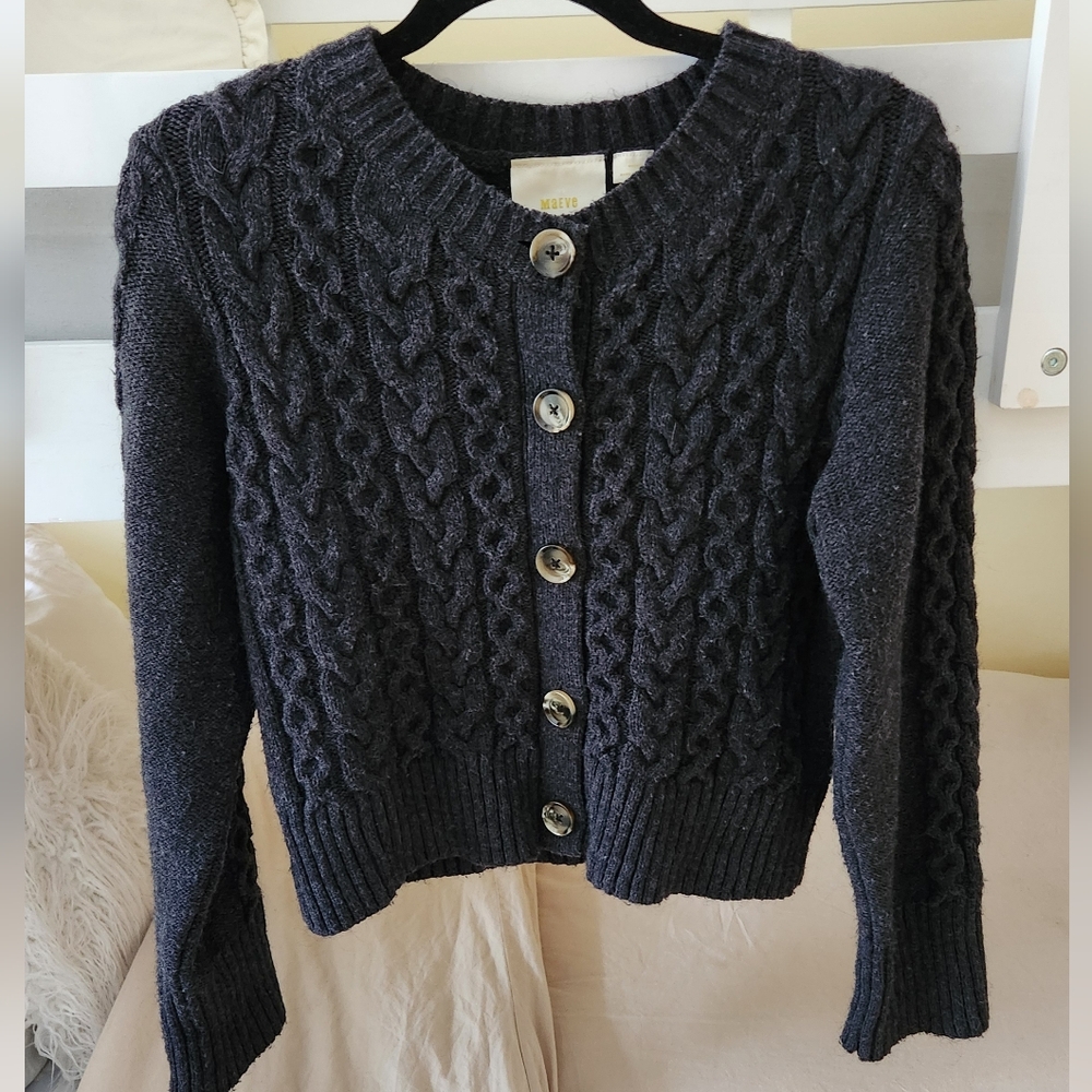 Anthropologie Maeve Cable Knit Fuzzy Shrunken Cardigan Sweater Gray Medium - Picture 2 of 6